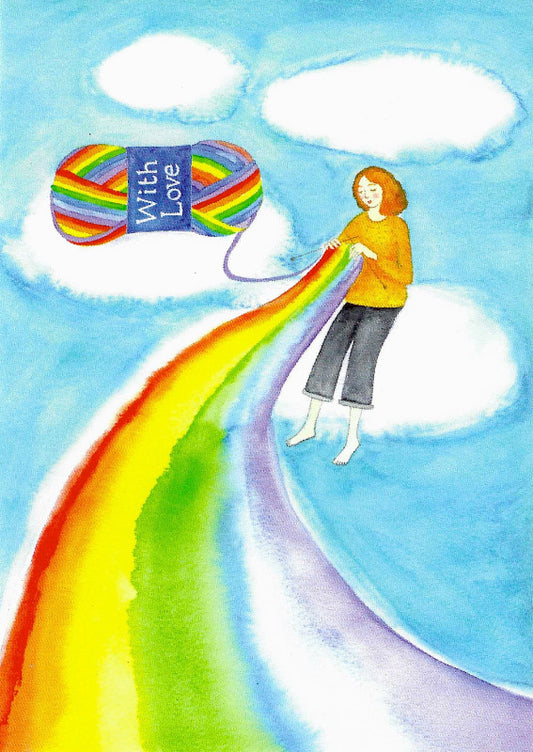 Colourful card of a lady floating in clouds knitting a rainbow from ball of rainbow wool with With Love message