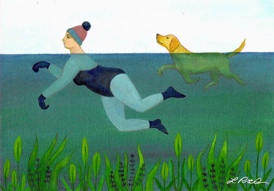 Colour print of woman and dog wild swimming