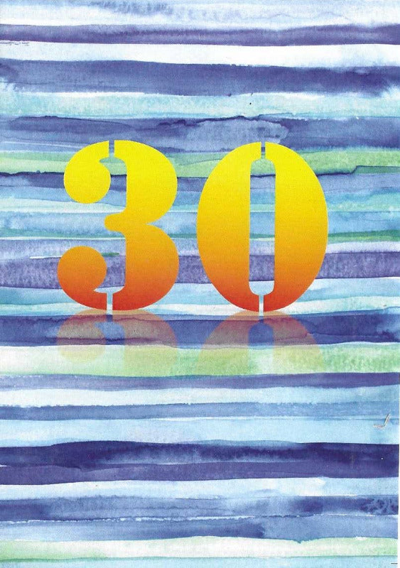 Age 30 card with painted blue striped background