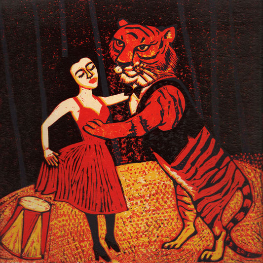 colourful painting of a tiger dancing with a lady 