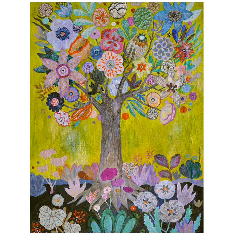 A colourful print of a tree full of flowers