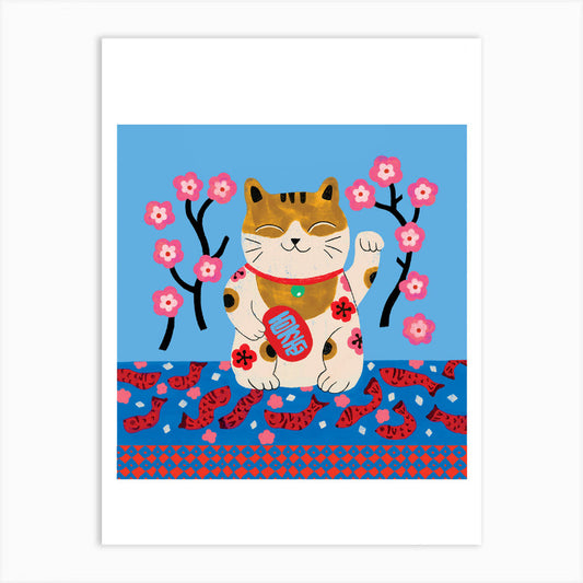 Print with illustration of a smiling cat surrounded by flowers with a blue background