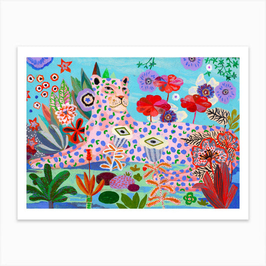 Print of an original illustration of a pink cheetah with blue spots surrounded by colourful flowers