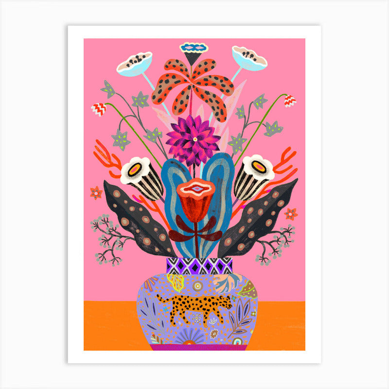 A multi-coloured print of a vase with a leopard illustration and a bouquet of flowers on a pink background
