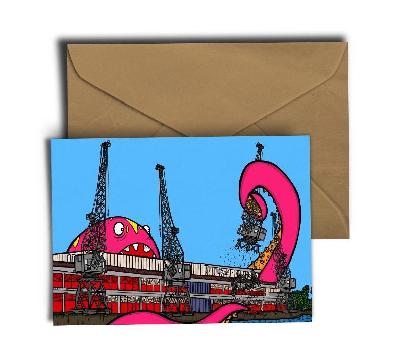 Illustration  of a huge pink monster attacking Bristol M Shed