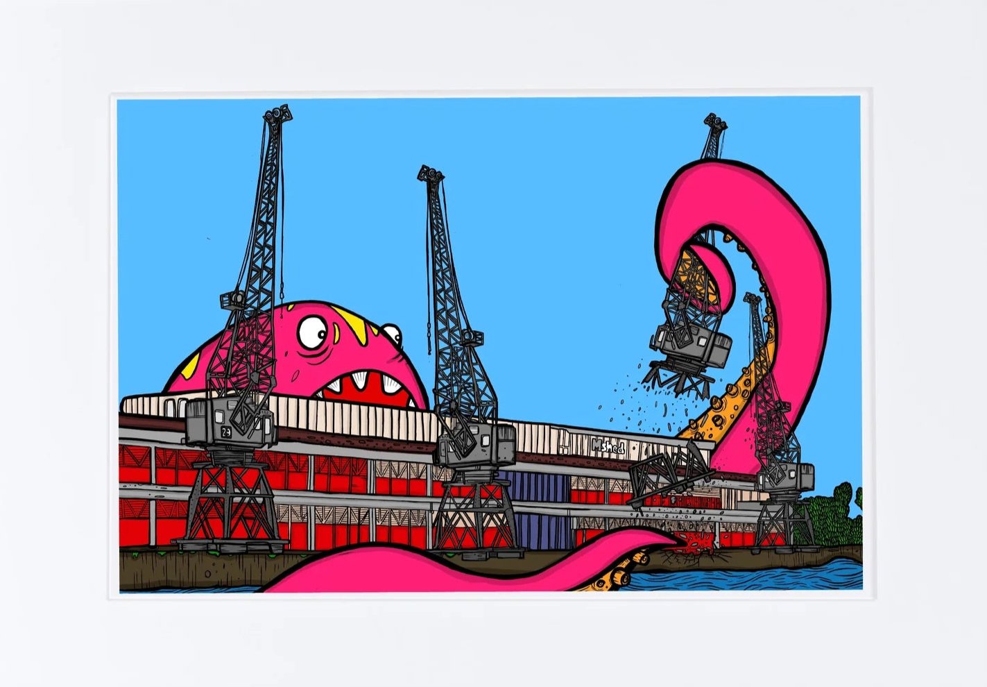 Illustration  of a huge pink monster attacking Bristol M Shed