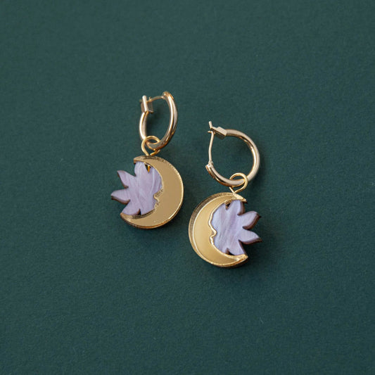 Small gold hoop earrings with gold crescent moon and lilac sun