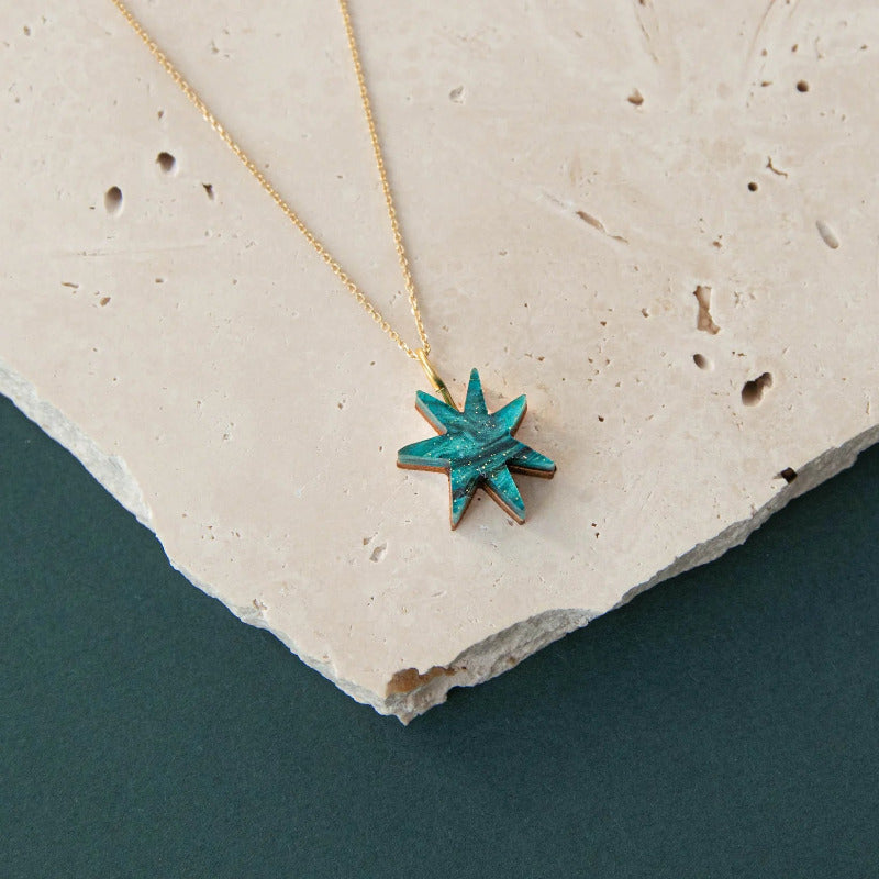 Sparkle teal star necklace with gold chain