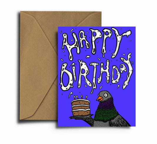 Illustration of  a pigeon with a birthday cake and 'Happy Birthday' in poo. But background.