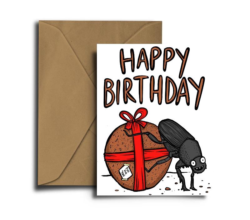 Happy Birthday card with dung beetle and poo in ribbon illustration