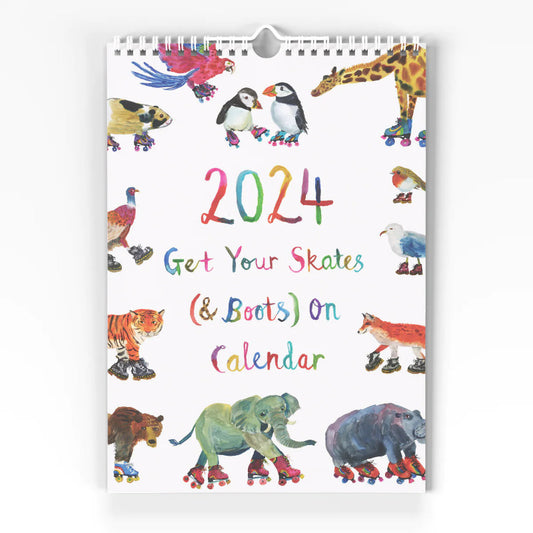 2024 calendar with colourful animals on rollerskates illustrations