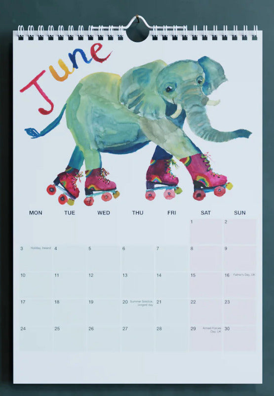 2024 calendar with colourful animals on rollerskates illustrations