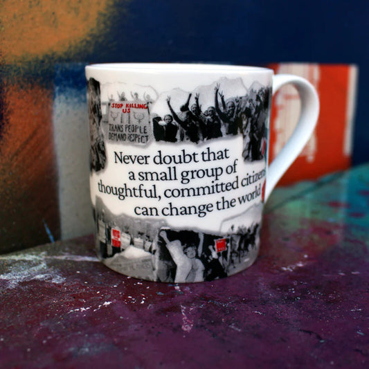 Bone china mug with illustrations celebrating activist Margaret Mead