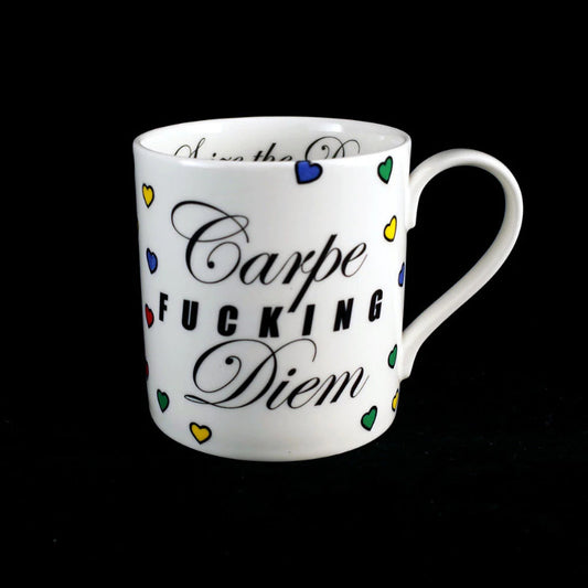 Bone china mug illustrated with coloured hearts on white with the text Carpe Fucking Diem