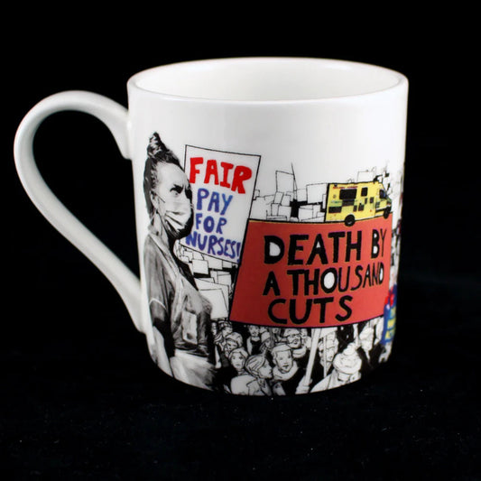 Bone china mug with a collage of pictures of strikers with placards