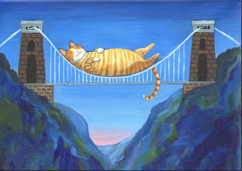 Colour painting of Ginger cat sleeping on Bristol Suspension Bridge.