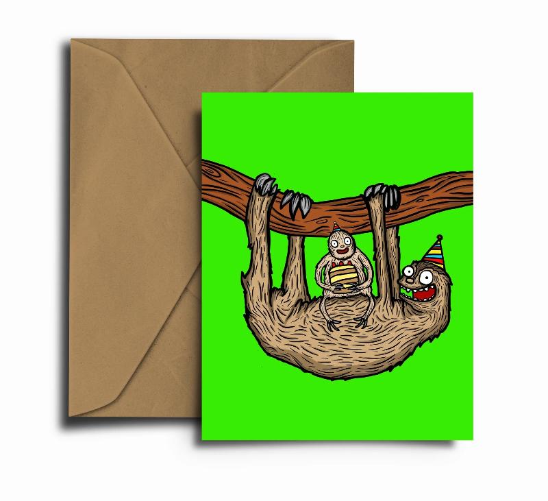 Birthday card with illustration of a sloth hanging from a branch with a baby sloth holding a birthday cake. Green background.