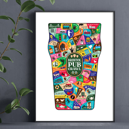 A colourful A3 print featuring some popular pubs around Bristol.