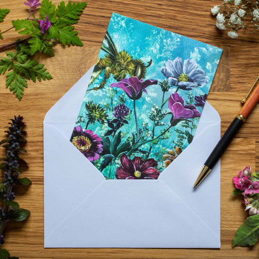 This beautiful floral greeting card features a vast meadow of hand-painted floral acrylic illustrations growing from one side to the other. A wild bee is thoroughly enjoying flying from the pink zinnia, to the red cosmos and purple corn flower that are blooming against a light blue watercolour background.