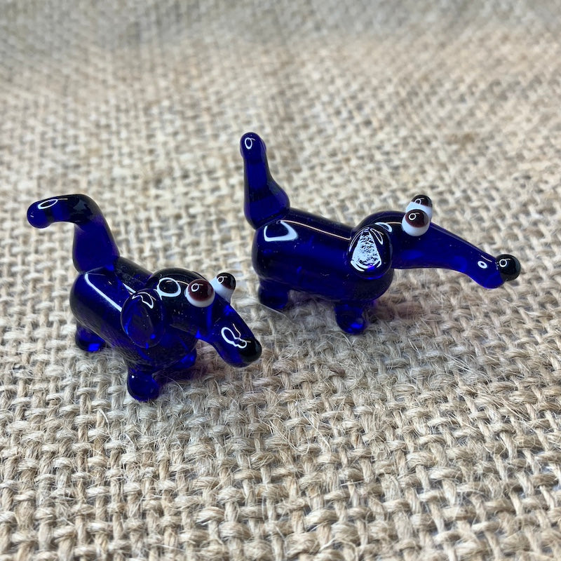 Bristol Blue with powder blue spots glass dogs, approx 1 cm x 3cm handmade in Bristol