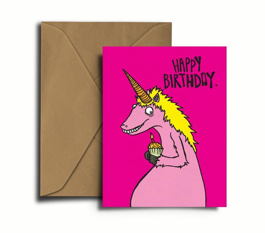 A smiling pink unicorn hold small birthday cake illustration. Dark pink background. happy birthday message