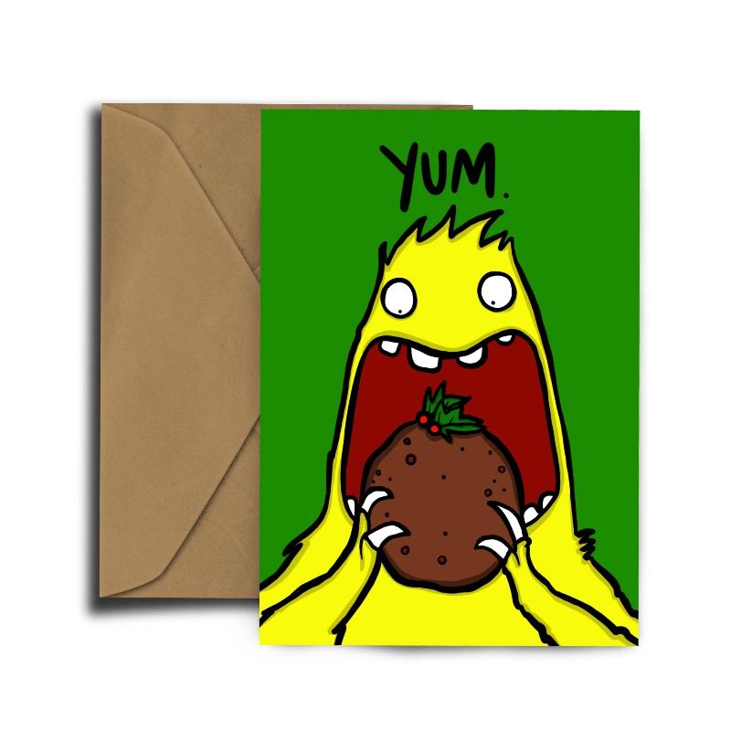 Illustration of a yellow monster eating a whole Christmas pudding. Bright green background.