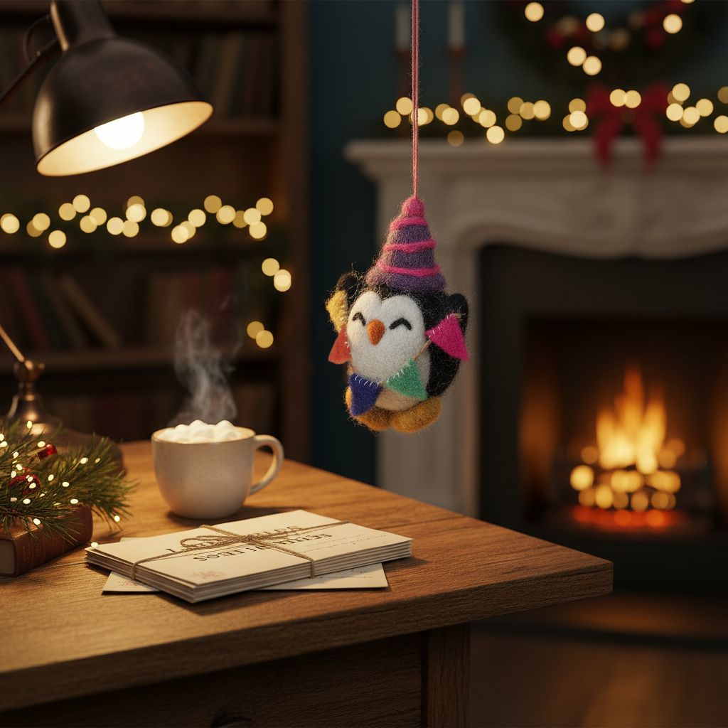 Penguin ornament on a table with a mug of hot chocolate and a fireplace in the background