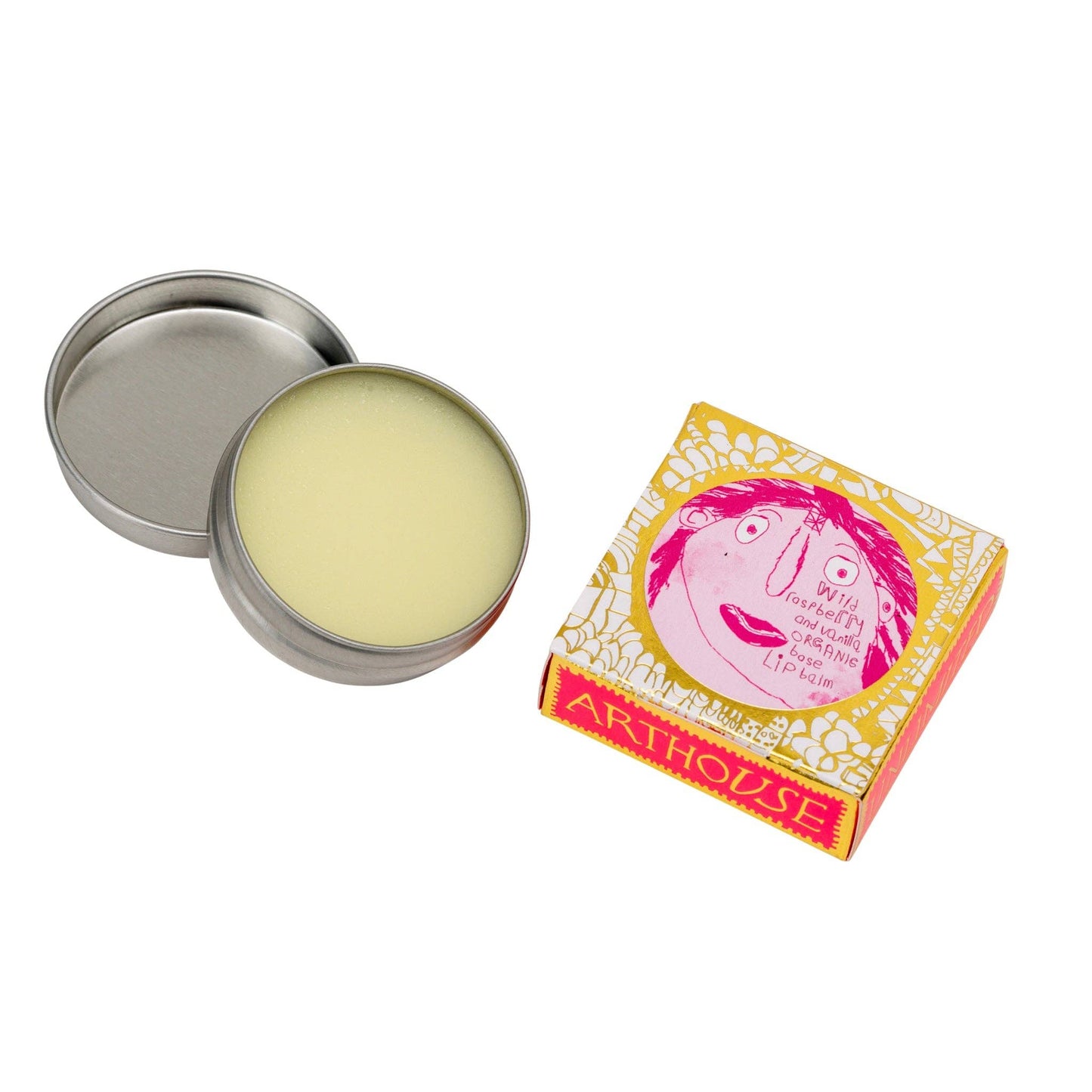 Lip balm in a metal tin with its packaging on a white background