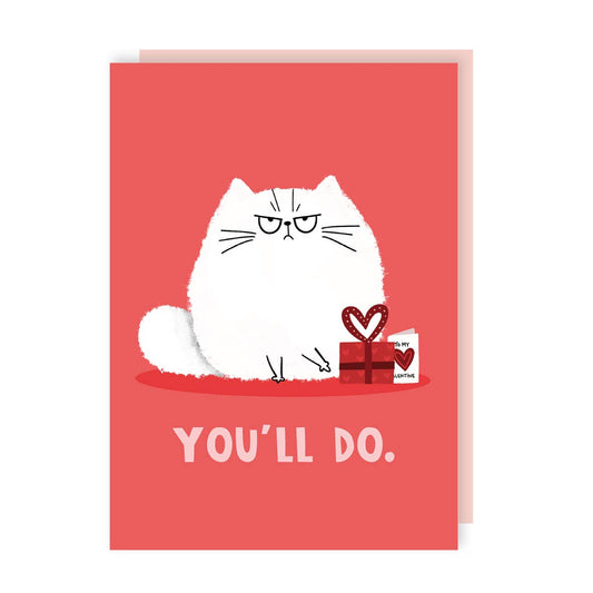 Greeting card with a white cat and gift on a red background