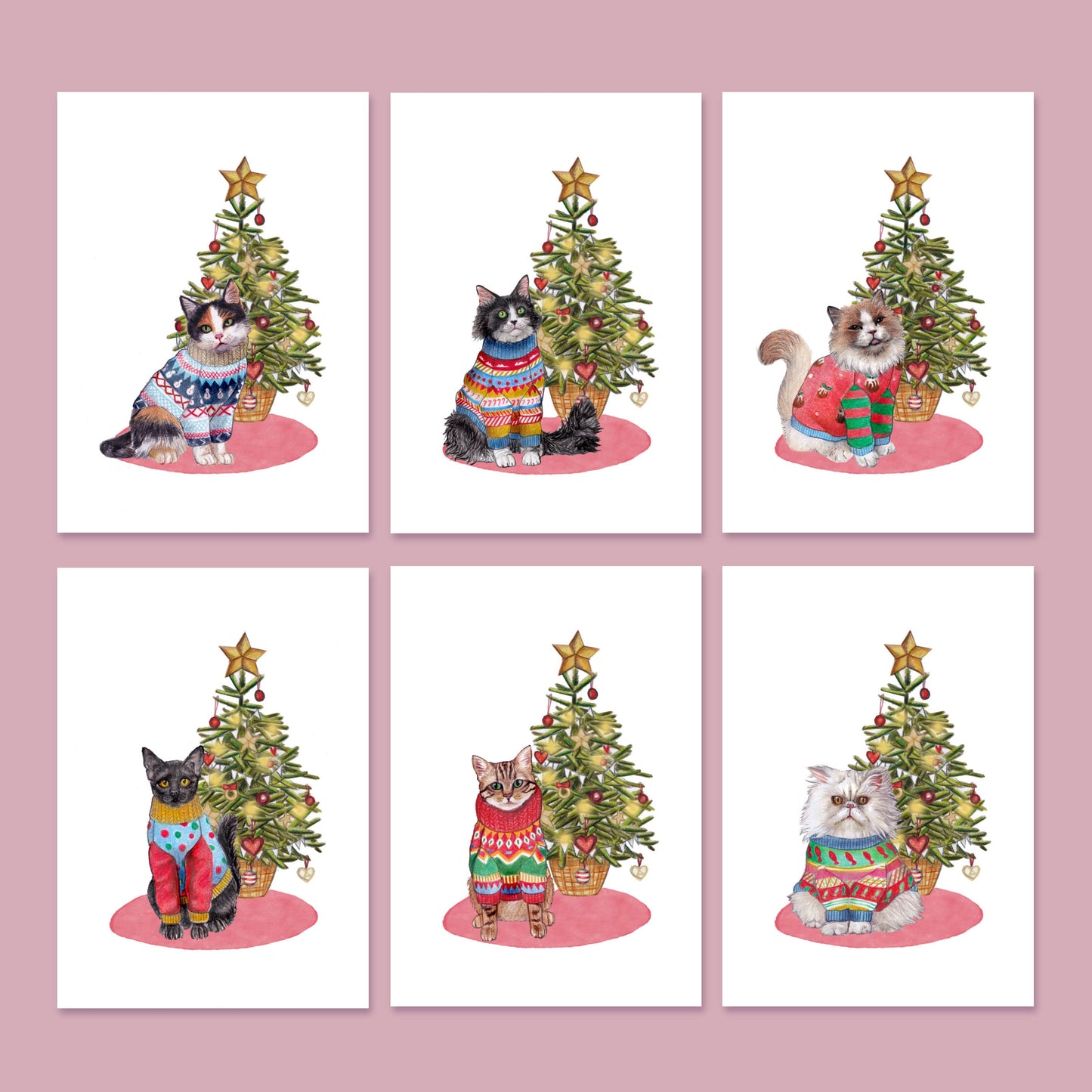 Set of 6 Cats in jumpers Christmas Cards