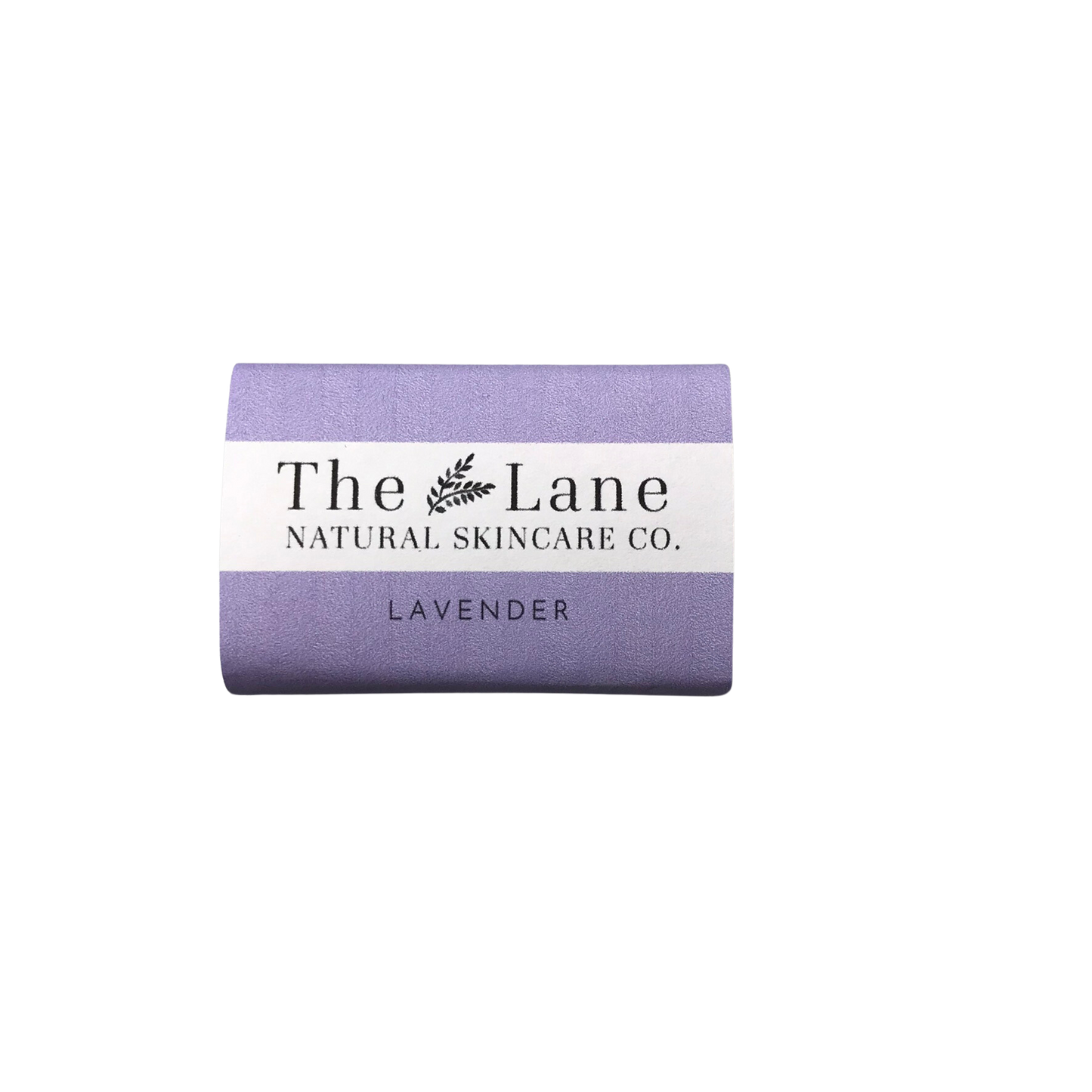 Lavender bar of soap with 'The Lane Natural Skincare Co.' label on a white background