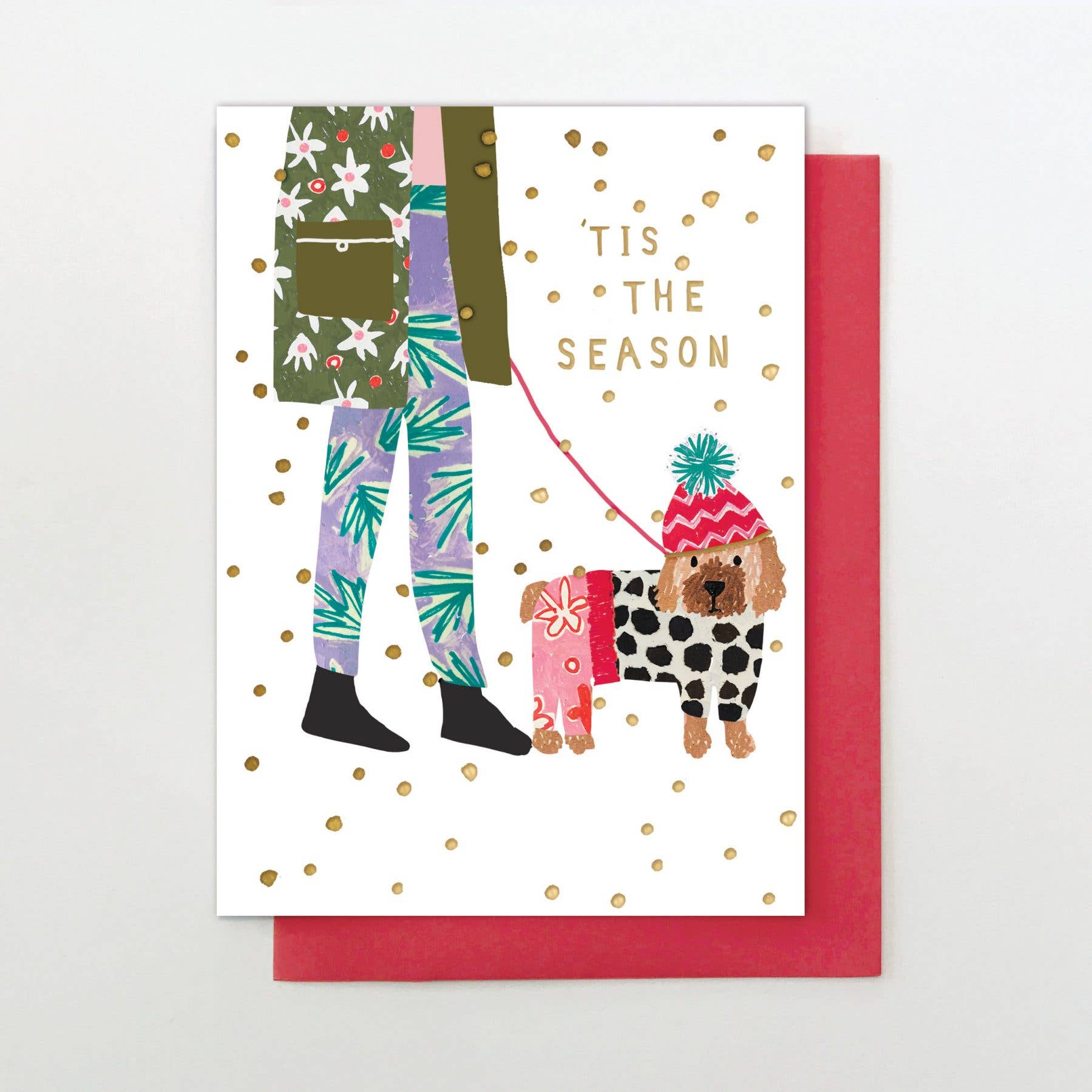 Greeting card with illustration of a person and dog, featuring 'Tis the Season text.