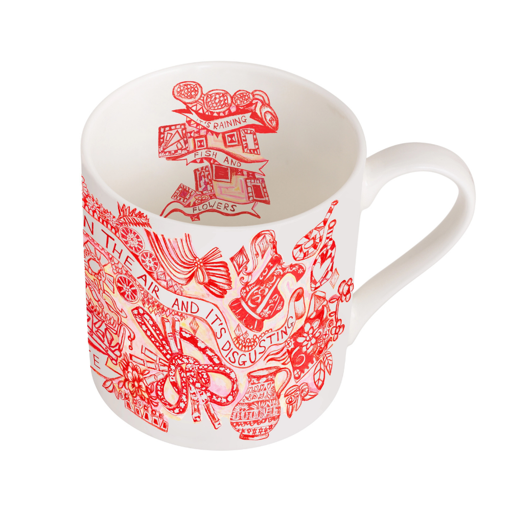 White mug with red decorative patterns on a white background