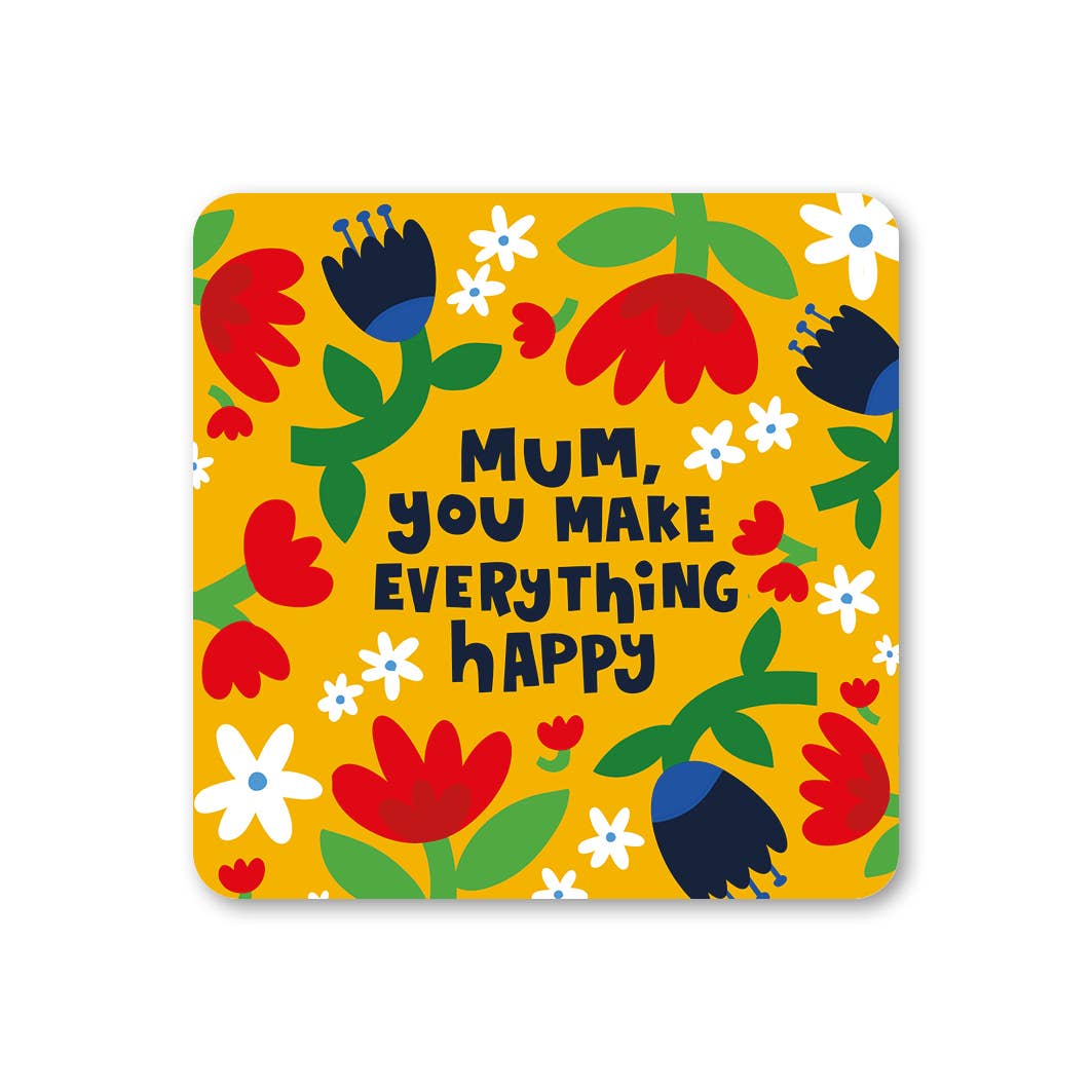 Colorful floral design with text on a yellow background