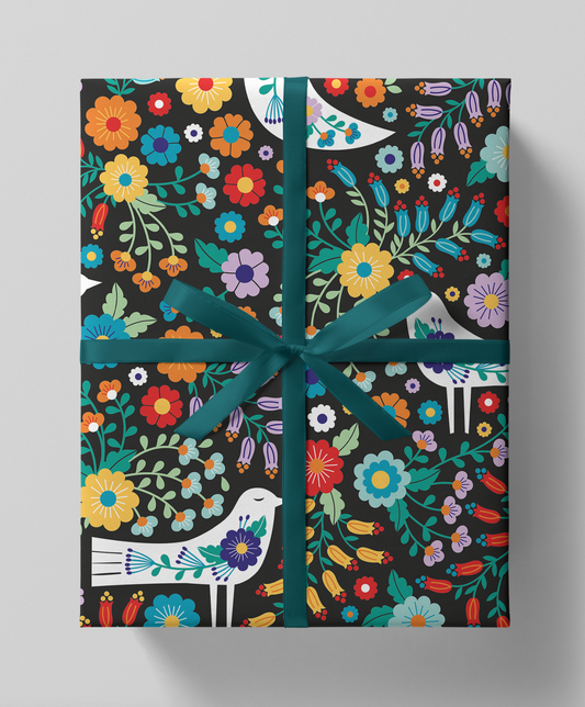 Folk birds & flowers gift wrap