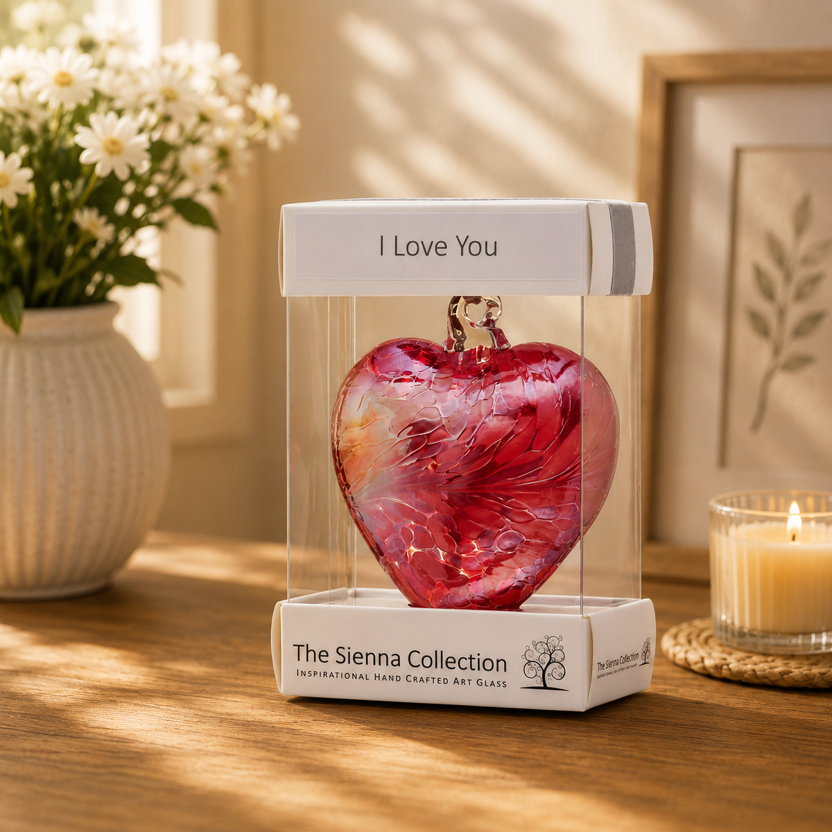 glass heart in box on table with vase and candle.