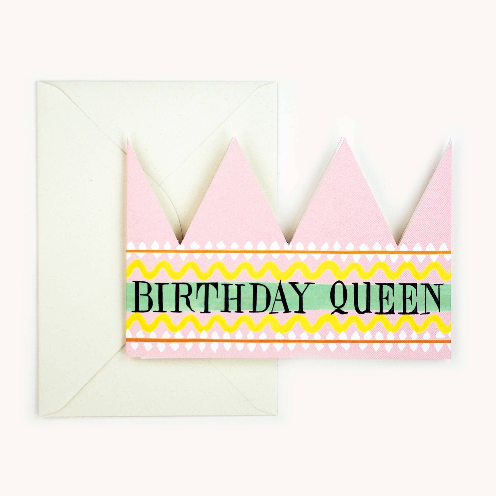 party hat card, pink with Birthday Queen text.