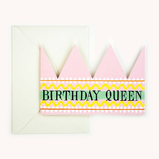 party hat card, pink with Birthday Queen text.