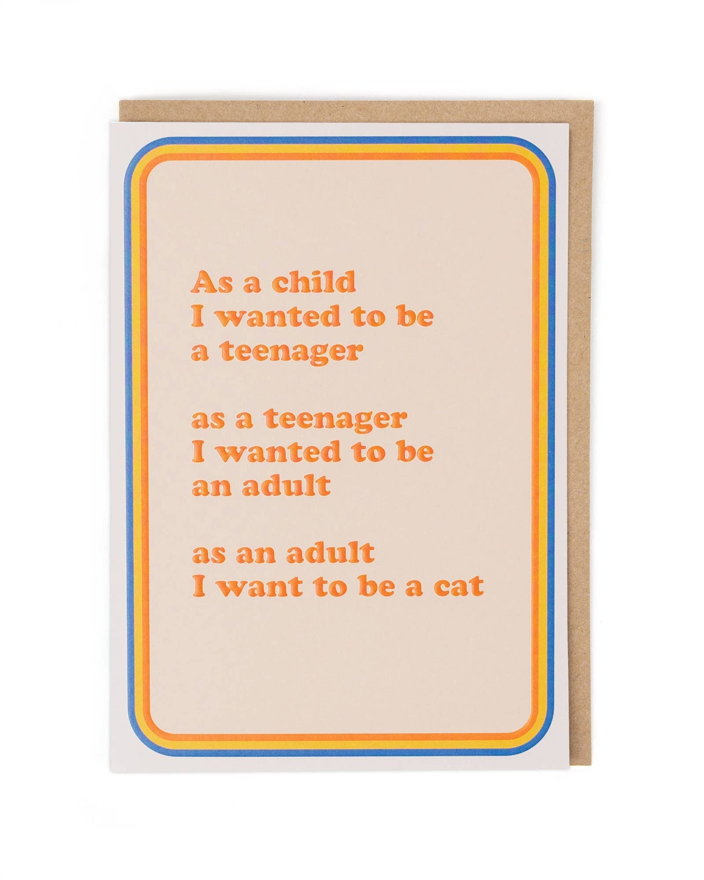 Card with humorous text about life stages on a beige background