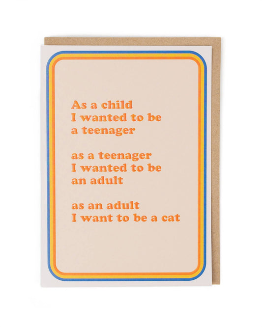 Card with humorous text about life stages on a beige background