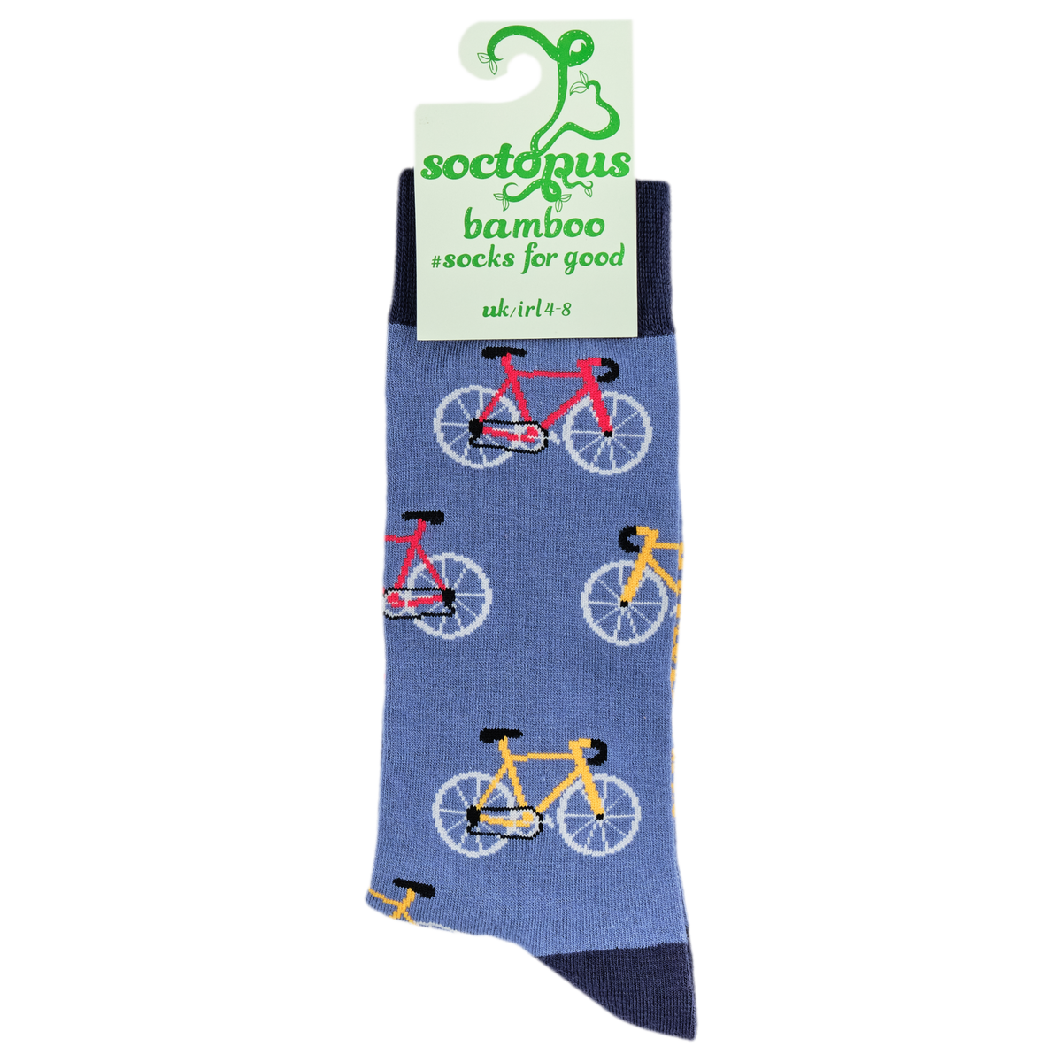 A single blue crew sock with a repeating bicycle pattern in red, yellow, and black, attached to a white paper header card. The header card has green branding that reads 'soctopus bamboo socks for good'.