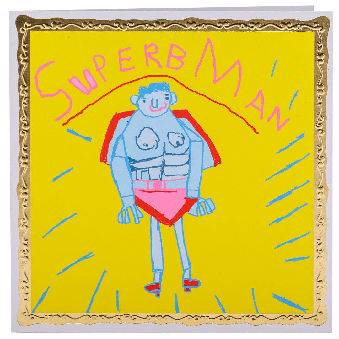 Colorful illustration of a superhero with 'Superbman' text on a yellow background