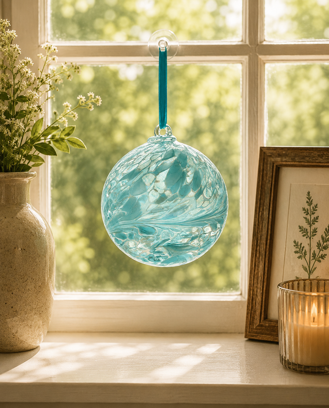bauble hanging in window.
