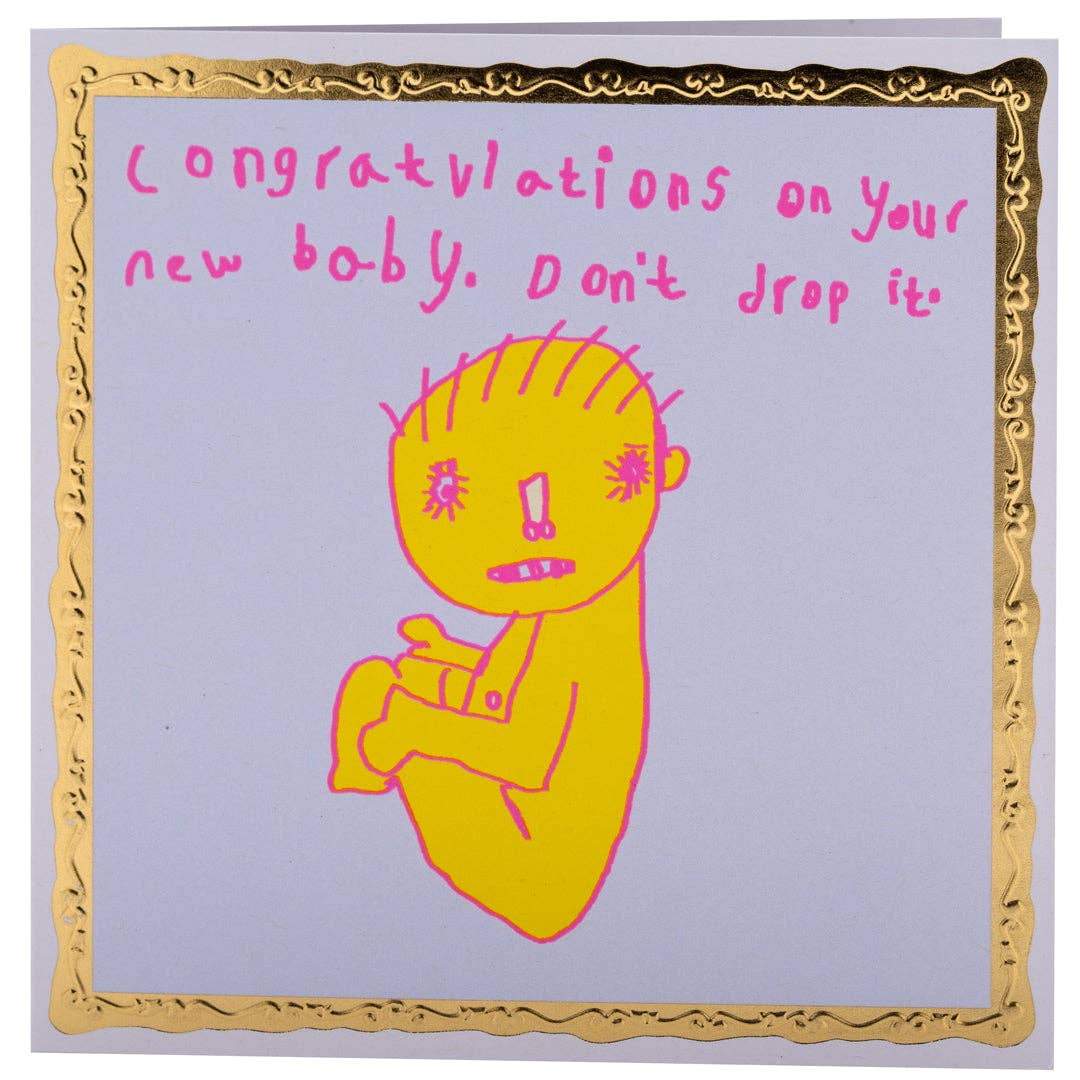 Card with yellow baby illustration and pink text on a gold-framed background