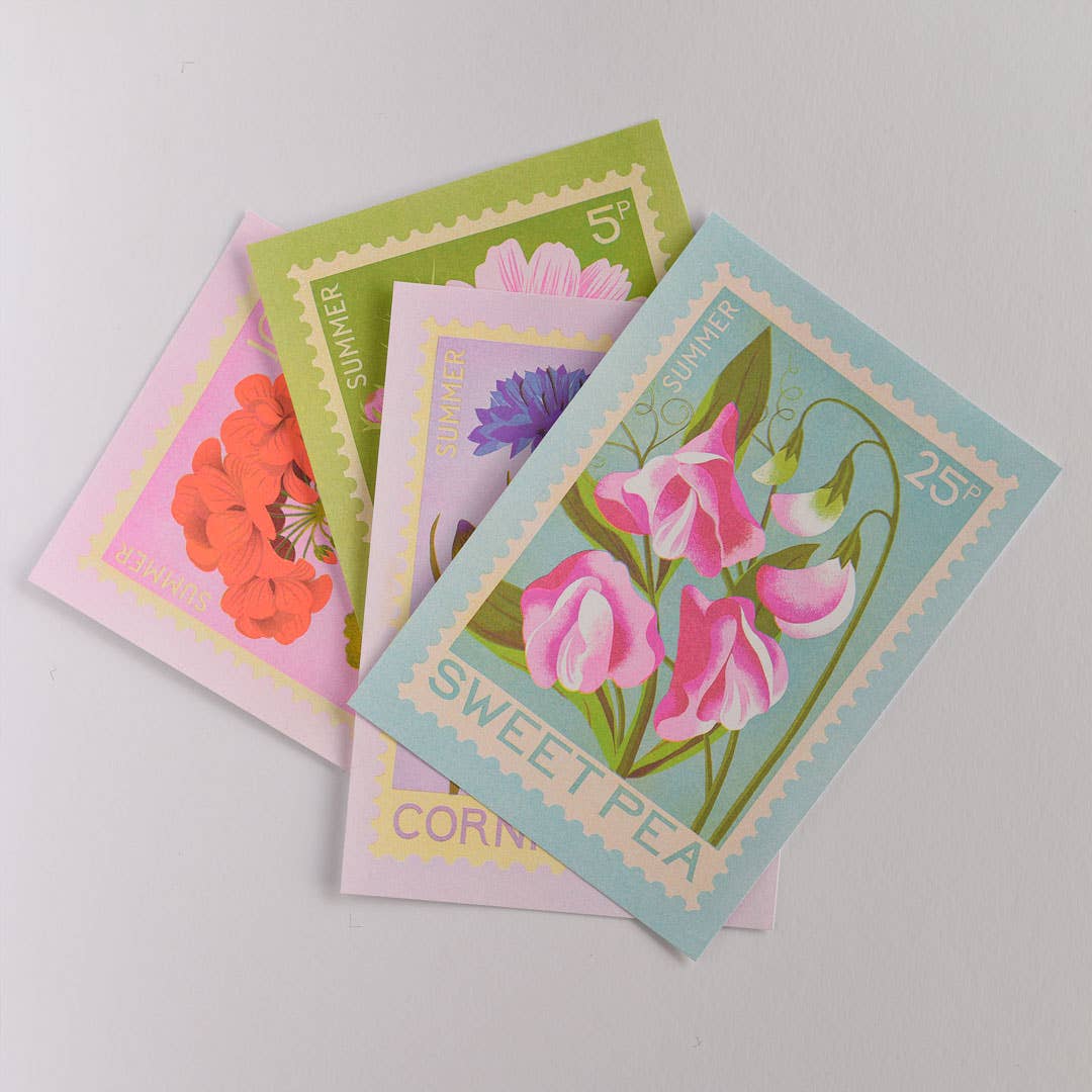 Risograph print of a sweet pea on a stamp