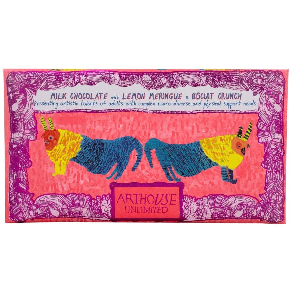 A rectangular milk chocolate bar with a vibrant pink wrapper featuring whimsical purple line art and two stylized blue-and-yellow cat figures. The wrapper reads 'MILK CHOCOLATE with LEON MERINGUE & BISCUIT CRUNCH' and 'ARTHOUSE UNLIMITED'.