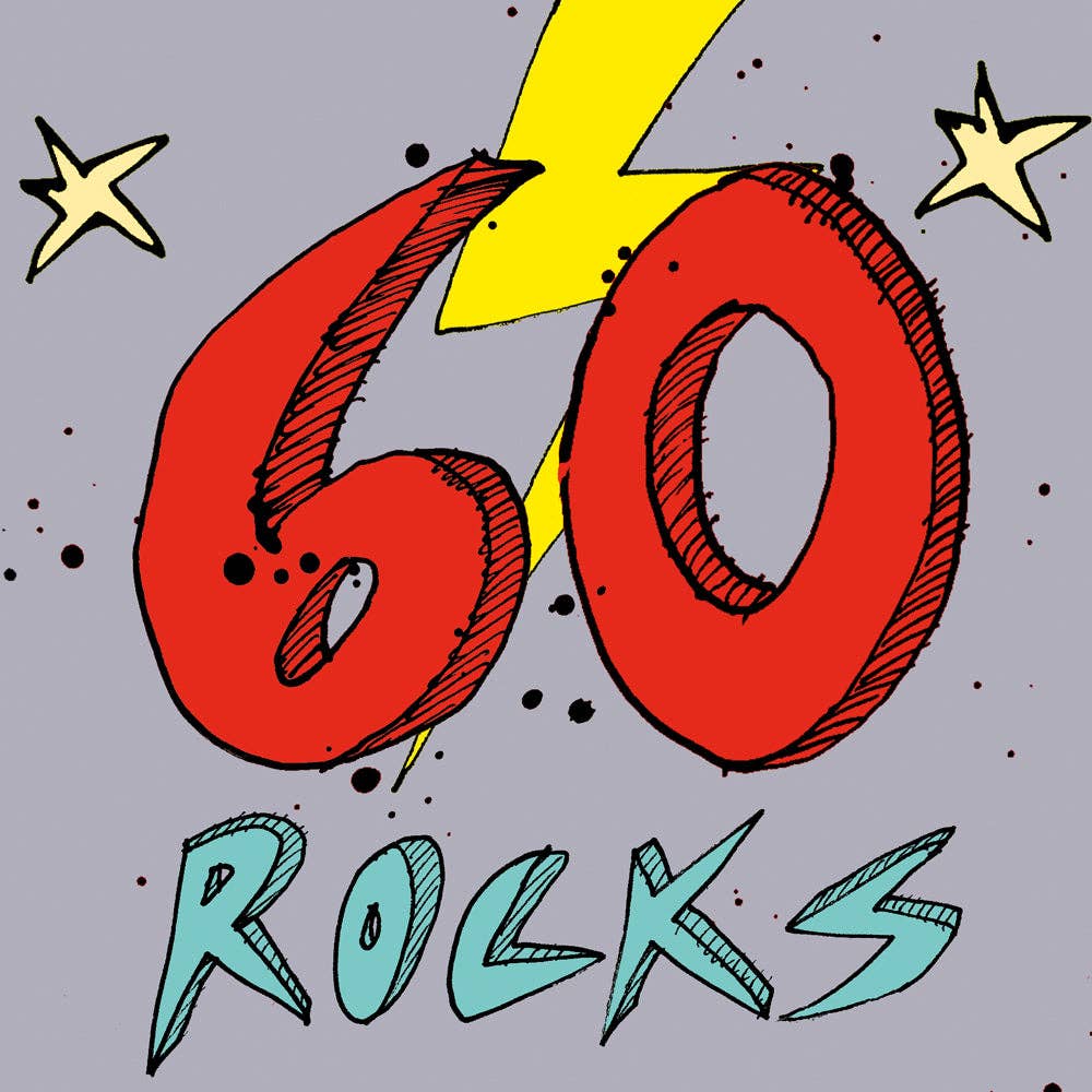 Red Sixty blue Rocks on purple background with yellow stars and lightening bolt.
