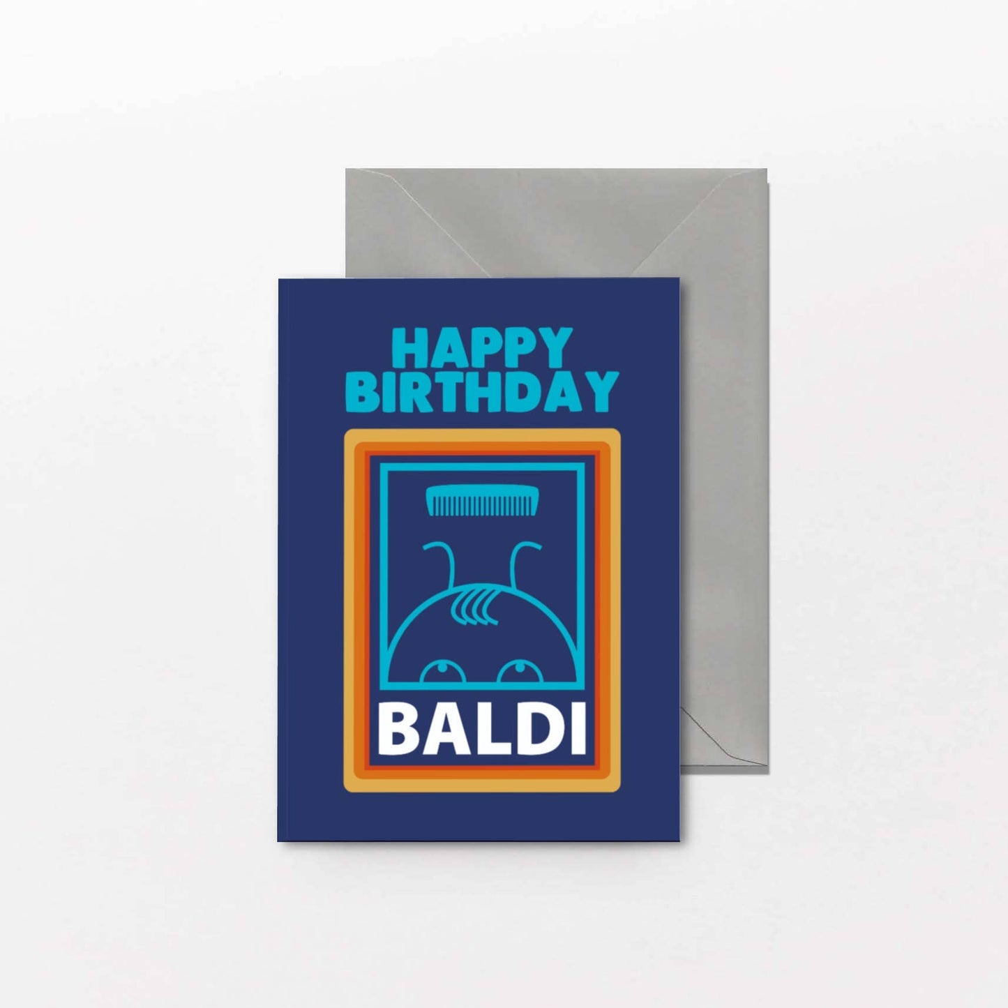 Birthday card with 'Happy Birthday Baldi' design on a blue background