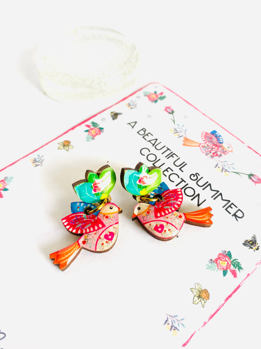 Resin and Wood folk style bird drop stud earrings.