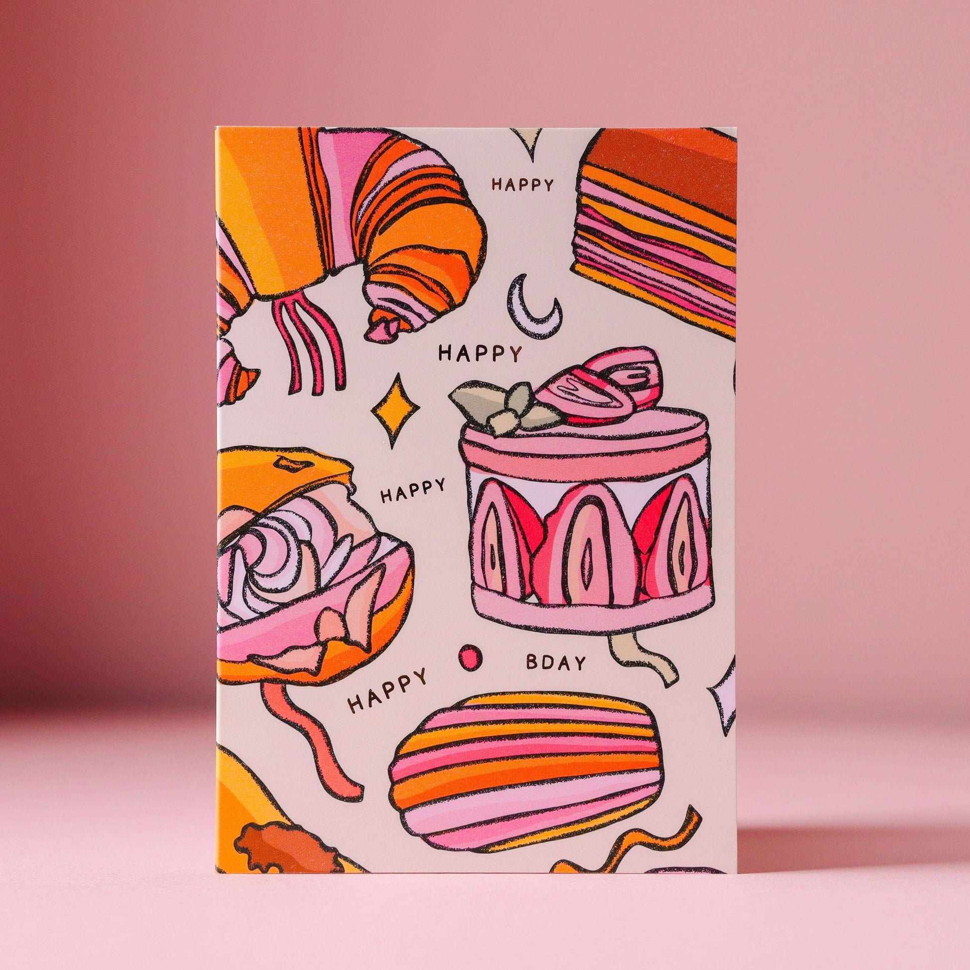 Parisian Patisserie pastries and cakes birthday card in pink & orange, maximalist card, birthday cards